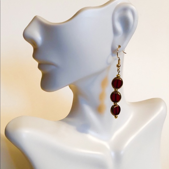 Handmade Brass Trim Dangle Earrings Red 2” Long - Picture 2 of 3